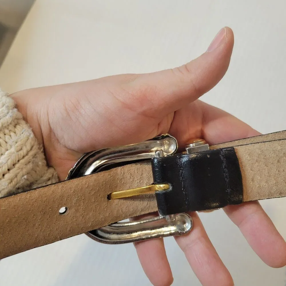 Millennium Black Leather Belt Silver & Gold Tone Rope Buckle Size Small